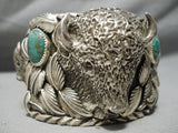 Heavy Huge Buffalo Native American Navajo Turquoise Sterling Silver Leaf Bracelet-Nativo Arts