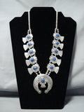 Signed Women's Vintage Native American Navajo Lapis Sterling Silver Squash Blossom Necklace-Nativo Arts