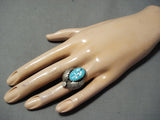 Incredible Vintage Native American Navajo Leaf Sleeping Beauty Turquoise Sterling Silver Ring-Nativo Arts