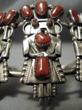 One Of The Best Vintage Native American Navajo Coral Sterling Silver Kachina Bracelet Old-Nativo Arts