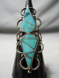 Towering Beautiful Vintage Native American Zuni Turquoise Sterling Silver Wave Ring Old-Nativo Arts