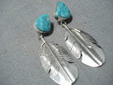 Stunning Native American Navajo Turquoise Sterling Silver Feather Earrings-Nativo Arts