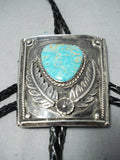 Impressive Vintage Native American Navajo Pilot Mountain Turquoise Sterling Silver Bolo Tie Old-Nativo Arts