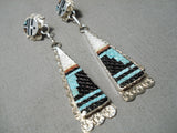 Hand Carved Zuni Native American Turquoise Sterling Silver Coral Earrings-Nativo Arts