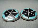 Very Intricate Vintage Native American Zuni Turquoise Inlay Sterling Silver Earrings-Nativo Arts