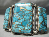 Vivid Huge Vintage Native American Navajo Squared Turquoise Sterling Silver Bracelet Old-Nativo Arts
