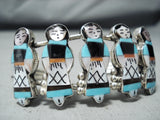 Remarkable Native American Zuni Inlay Turquoise Jet Coral Sterling Silver Corn Maiden Bracelet-Nativo Arts