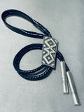 Extremely Intricate Native American Navajo Hand Carved Sterling Silver Geomtric Bolo Tie-Nativo Arts