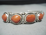 Outstanding Native American Navajo Signed 5 Corals Sterling Silver Bracelet-Nativo Arts