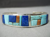 Colorful Native American Navajo Inlay Turquoise Lapis Coral Sterling Silver Bracelet-Nativo Arts