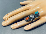 Impressive Vintage Native American Navajo Turquoise & Coral Sterling Silver Ring-Nativo Arts