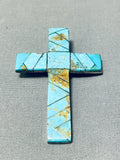 Glorious Vintage Native American Zuni Signed Turquoise Inlay Sterling Silver Cross Pin Pendant-Nativo Arts