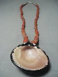 Exceptional Vintage Native American Navajo Coral Inlay Shell Sterling Silver Necklace-Nativo Arts