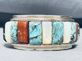 Opulent Vintage Native American Navajo Turquoise Inlay Sterling Silver Bracelet Old-Nativo Arts