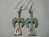 Long Rare Vintage Native American Zuni Green Turquoise Sterling Silver Native Americsn Earrings-Nativo Arts