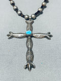Amazing Vintage Native American Navajo Blue Gem Turquoise Sterling Silver Cross Necklace-Nativo Arts