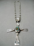 Important Heavy Native American Navajo Sterling Silver Cross Christian Turquoise Necklace-Nativo Arts
