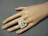 Huge Spongebob Squarepants Native American Zuni Turquoise Sterling Silver Coral Ring-Nativo Arts