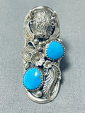 Unique Native American Navajo 2 Kingman Turquoise Sterling Silver Buffalo Gigantic Ring-Nativo Arts
