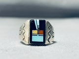 Superior Native American Navajo Kachina Turquoise Coral Sterling Silver Ring-Nativo Arts
