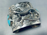Highly Detailed Wide Native American Lizard Turquoise Sterling Silver Bracelet-Nativo Arts
