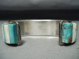 Thick Quality Vintage Native American Navajo Turquoise Riased Inlay Sterling Silver Bracelet-Nativo Arts