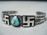 Early 1900's Vintage Native American Navajo Whirling Logs Turquoise Sterling Silver Bracelet-Nativo Arts