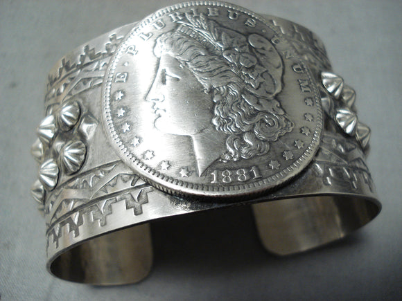 Phenomenal San Felipe Silver Dollar Sterling Silver Signed Bracelet-Nativo Arts