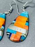 Native American Intricate Sanrto Domingo Turquoise Inlay Shell Sterling Silver Earrings-Nativo Arts