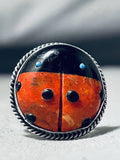 Native American Important Ben Begaye (d.) Coral Ladybug Sterling Silver Ring-Nativo Arts