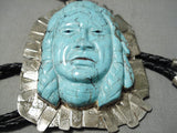 One Of The Best Vintage Native American Navajo Turquoise Head Sterling Silver Bolo Tie-Nativo Arts