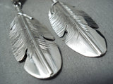 Unique Native American Navajo Royston Turquoise Sterling Silver Feather Earrings-Nativo Arts