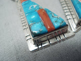 Astonishing Native American Navajo Creek Turquoise Coral Sterling Silver Earrings-Nativo Arts