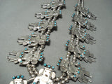 Signed Women's Vintage Native American Navajo Turquoise Sterling Silver Squash Blossom Necklace-Nativo Arts
