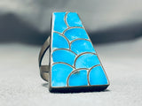 Fascinating Vintage Native American Zuni Signed Inlay Kingman Turquoise Sterling Silver Ring-Nativo Arts