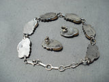 Signed Vintage Native American Navajo Lapis Sterling Silver Leaf Bracelet Earrings Set-Nativo Arts