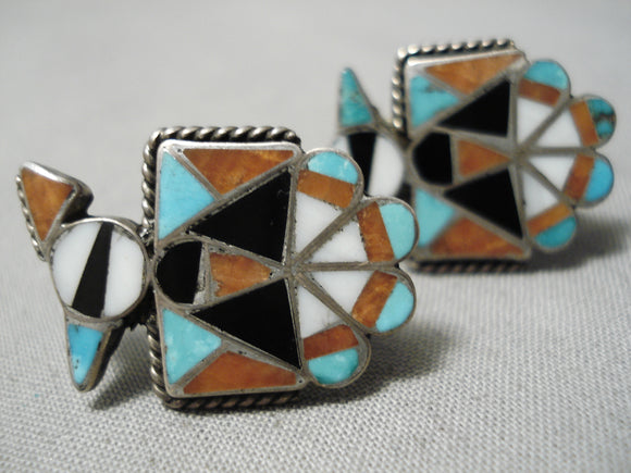 Striking Vintage Zuni Native American Turquoise Coral Sterling Silver Earrings-Nativo Arts