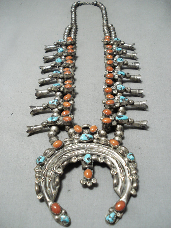 Women's Vintage Native American Navajo Turquoise Coral Sterling Silver Squash Blossom Necklace-Nativo Arts