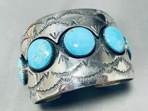 Heavy Wide Vintage Native American Navajo Earth Circle Turquoise Sterling Silver Bracelet-Nativo Arts