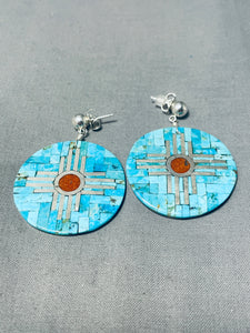Native American Intricate Vintage Santo Domingo Turquoise Coral Sterling Silver Zia Earrings-Nativo Arts