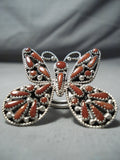 One Of Biggest Zuni Coral Sterling Silver Butterfly Ring Native American-Nativo Arts
