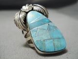 Huge Incredible Inlay Native American Navajo Turquoise Sterling Silver Leaf Ring-Nativo Arts