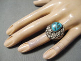 Interesting Vintage Native American Navajo Kingman Turquoise Sterling Silver Ring Old-Nativo Arts