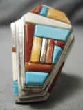 Native American Important Inlay Master Navajo Turquoise Coral Sterling Silver Inlay Ring-Nativo Arts