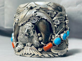 Best Huge Authentic Bear Native American Navajo Turquoise Coral Sterling Silver Bracelet-Nativo Arts