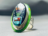 Most Unique Native American Navajo Gaspeite Turquoise Sterling Silver Inlay Ring-Nativo Arts