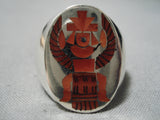 Important Zuni Harlan Coonsis Coral Inlay Sterling Silver Native American Ring-Nativo Arts