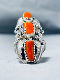 Dazzling Native American Navajo Coral Sterling Silver Ring-Nativo Arts