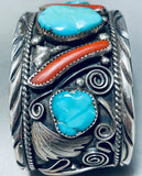 Colossal Donny David Vintage Native American Navajo Turquoise Coral Sterling Silver Bracelet-Nativo Arts