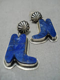 Unique Vintage Navajo Lapis Cowboy Sterling Silver Native American Earrings-Nativo Arts